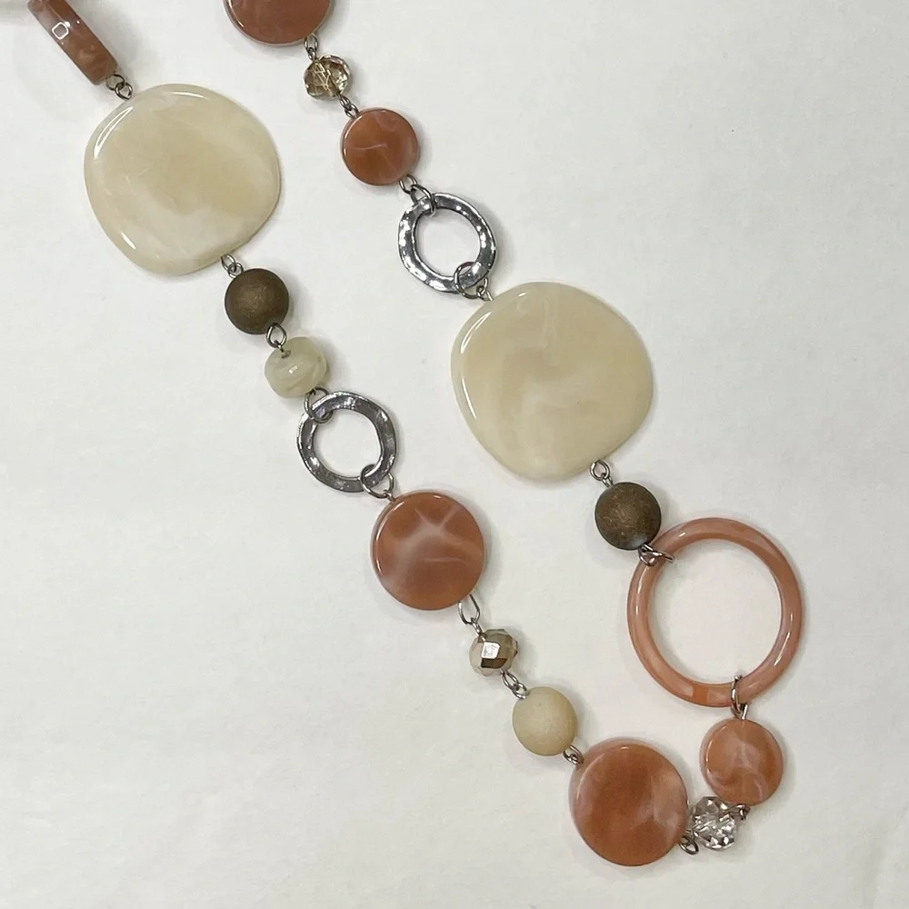 Long Beaded Silver Statement Necklace & Circle Dangle Earring Set Neutrals - Picture 2 of 5